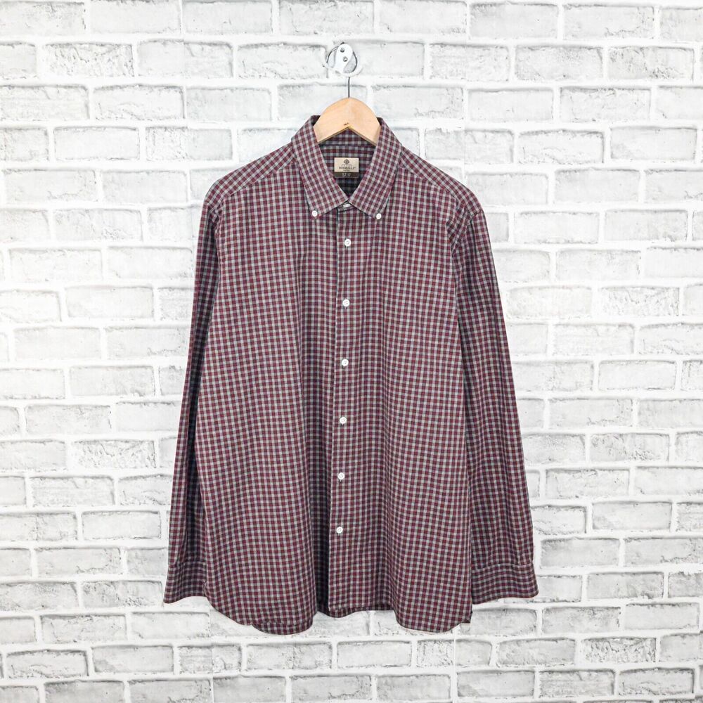 Luigi Borrelli Napoli Men's Luxury Dress shirt Burgundy Grey Check cotton 17 1/2